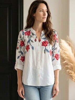 Anthropologie Kindred M White Pink Embroidered Floral 3/4 Sleeve Top Sz L